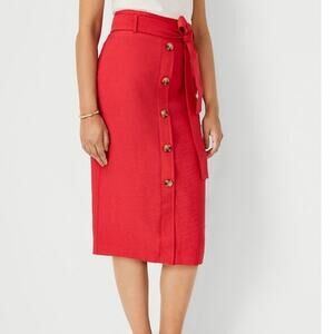 Ann Taylor Curvy Fit Red Faux Button Front Tie Belt Midi Skirt Women's Size 18